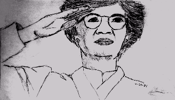 Drawing of Corazon Aquino at attention, saluting